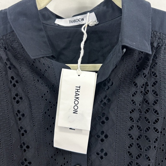 Thakoon Black Eyelet Button Up Mini Shirt Dress Ruched Sides Silk Size 0 NWT - Picture 6 of 7